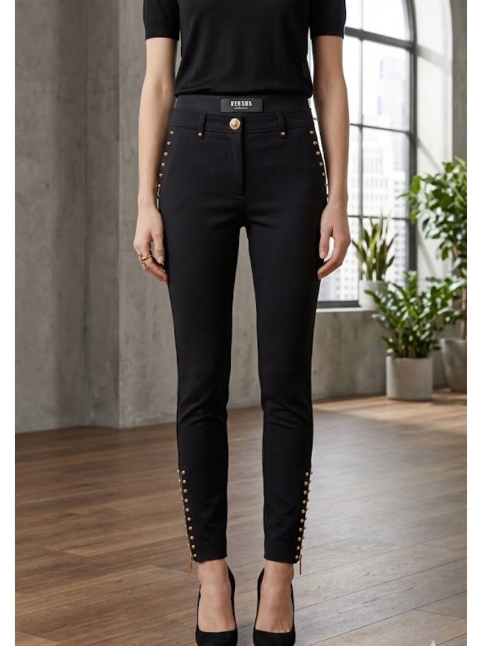 Versus Versace Black Trousers with Gold Medallion Button (Size S/M)
